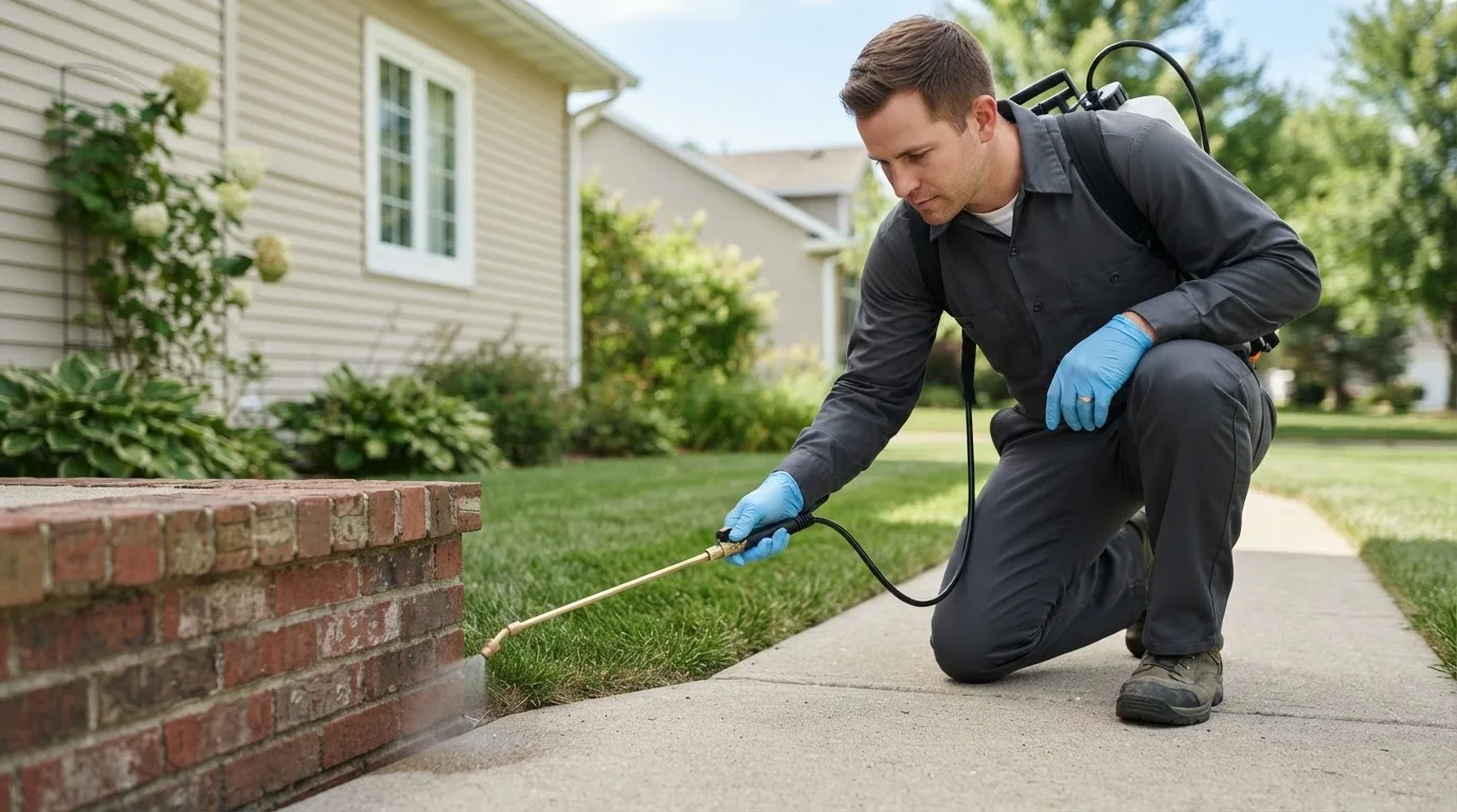 Pest control technician treating a home near Freeman, MO