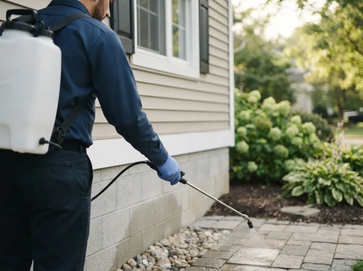 Pest control technician inspecting a home in Freeman, MO